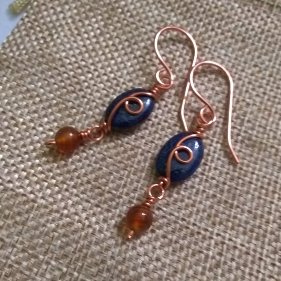 Fall Copper Earrings with Lapis Lazuli & Russet Agate ~ Handmade Boho City Chic - Picture 1 of 9
